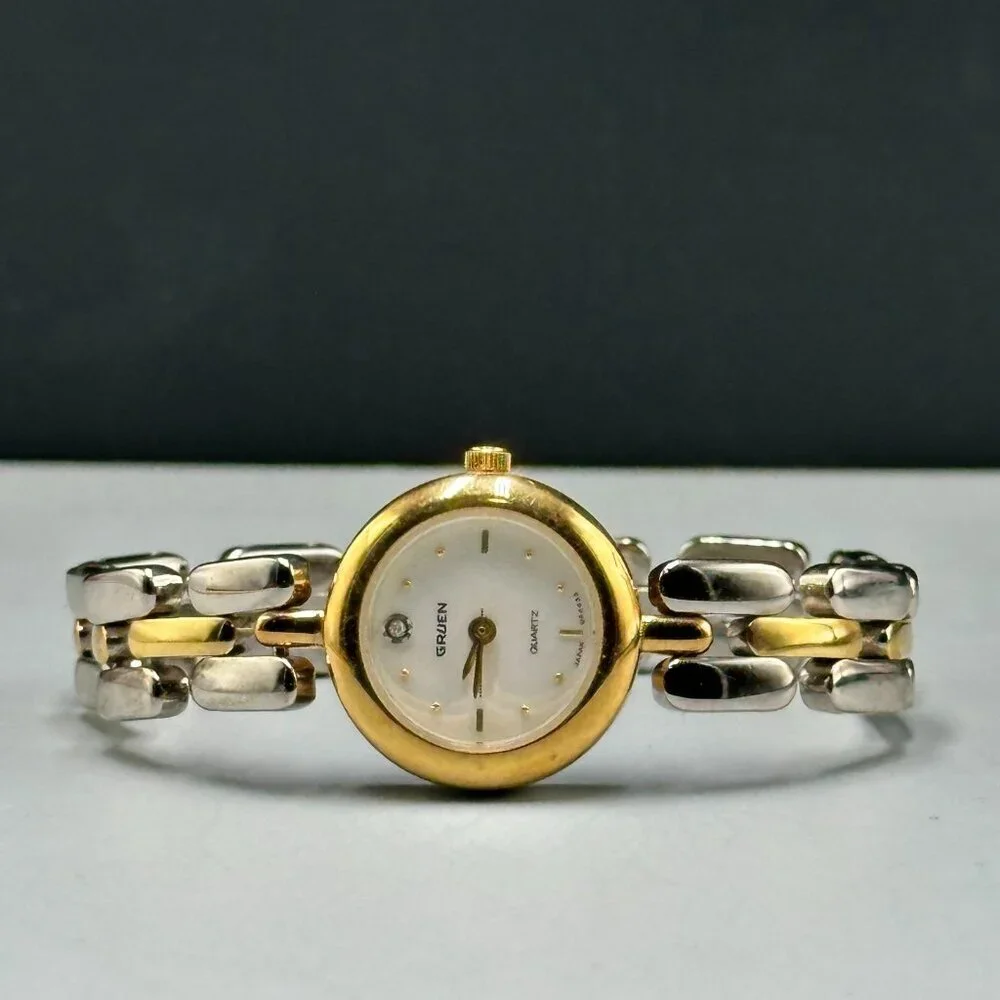 Gruen Watch Women Silver Gold Two Tone 20MM Round Dial New Battery 6.25